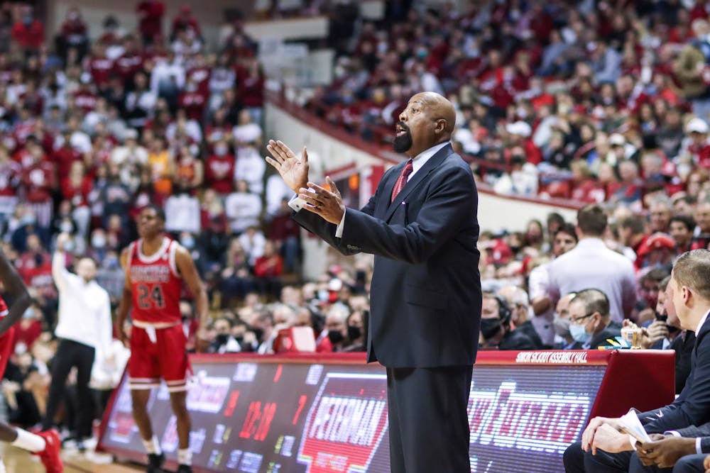 <p>IU men&#x27;s basketball head coach Mike Woodson cheers his team on Nov. 12, 2021, at Simon Skjodt Assembly Hall.</p>