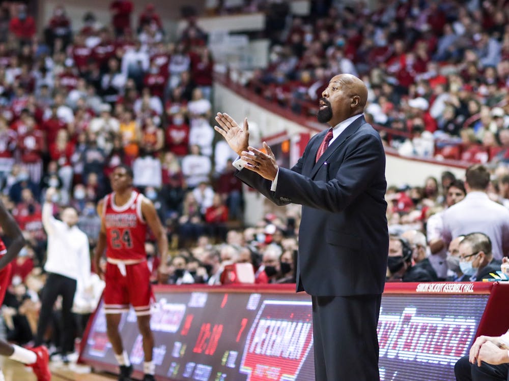 IU men&#x27;s basketball head coach Mike Woodson cheers his team on Nov. 12, 2021, at Simon Skjodt Assembly Hall.