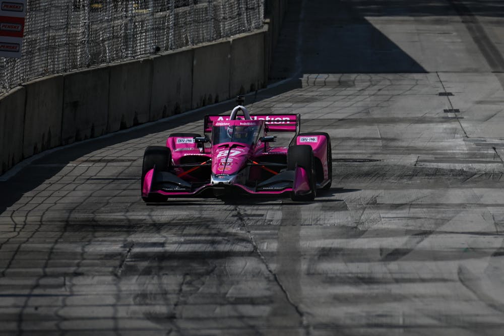 Andretti Autosport's Kyle Kirkwood practices on the Chevrolet Detroit Grand Prix racecourse in downtown Detroit Friday May 2, ahead of Sunday's race. 
