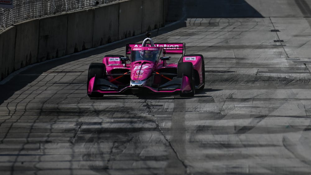Andretti Autosport's Kyle Kirkwood practices on the Chevrolet Detroit Grand Prix racecourse in downtown Detroit Friday May 2, ahead of Sunday's race. 
