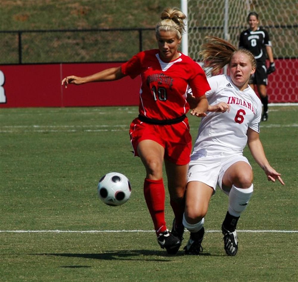IU's Kerri Krawczak defends Paige Maxwell during a game against Ohio State on Sunday at Bill Armstrong Stadium. IU lost 1-0.