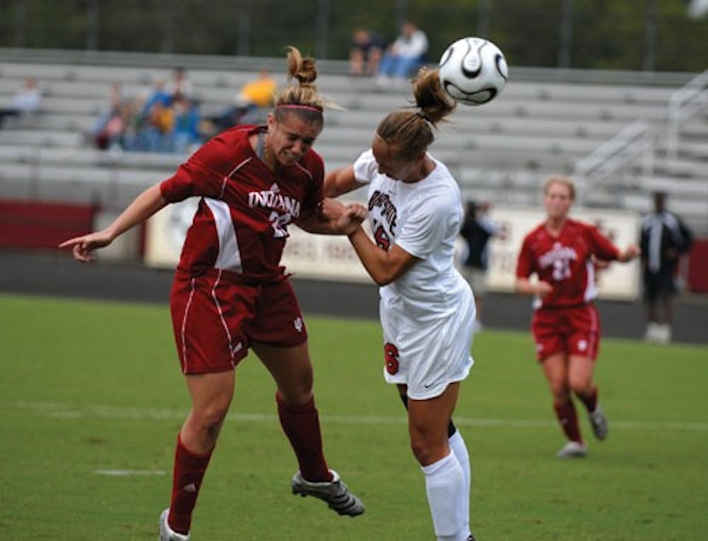 IDS File Photo
IU Forward Lindsay McCarthy battles Ashley Bower of Ohio State for the ball during a game last year at Armstrong Stadium.