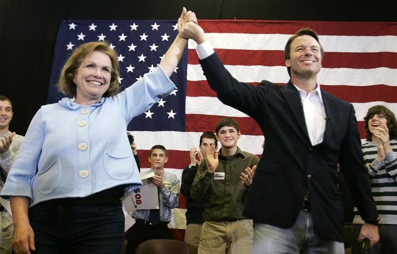In this Tuesday, Jan. 1, 2008, file photo, Democratic presidential hopeful former Sen. John Edwards, D-N.C., right, and his wife Elizabeth arrive at a campaign rally in Ames, Iowa. Edwards on Friday, Aug. 8, 2008, admitted to an extramarital affair while his wife was battling cancer. He denied fathering the woman's daughter.