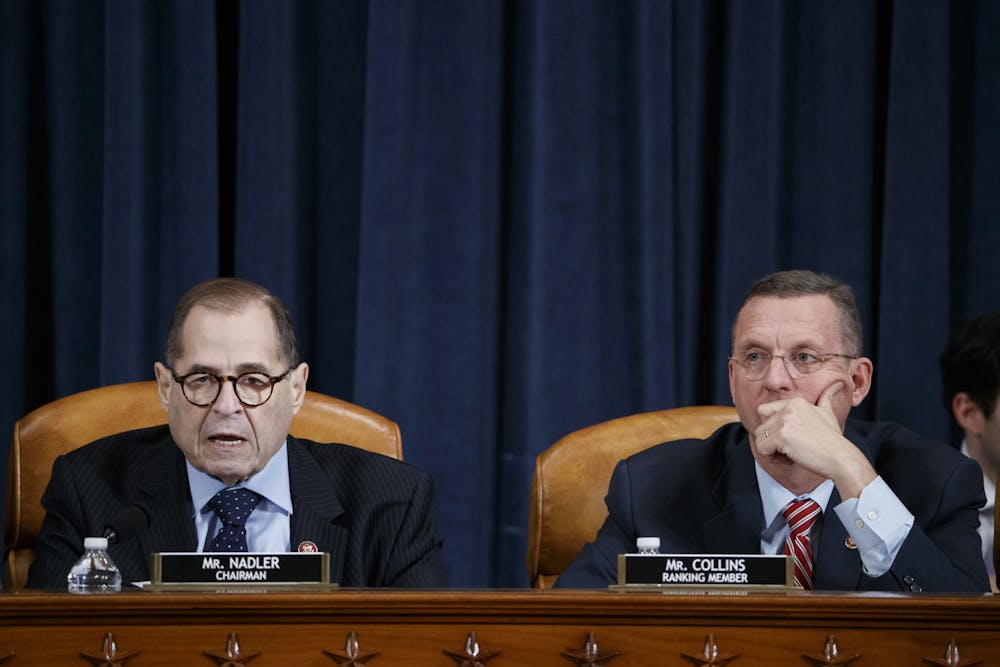U.S. House Judiciary Committee Chairman Jerry Nadler, D-NY,  with ranking member Doug Collins, R-GA, delivers opening remarks during the committee&#x27;s markup of the articles of impeachment against President Donald Trump on Dec. 11 at Capitol Hill in Washington, D.C.