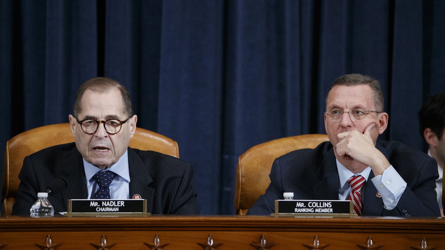 U.S. House Judiciary Committee Chairman Jerry Nadler, D-NY,  with ranking member Doug Collins, R-GA, delivers opening remarks during the committee&#x27;s markup of the articles of impeachment against President Donald Trump on Dec. 11 at Capitol Hill in Washington, D.C.
