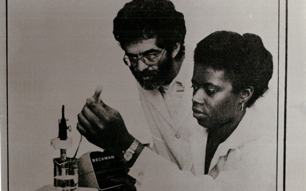 Dr. Janetta Kelly, right, of the medical school brochure for minority students. During her senior year at IU&nbsp;she was featured in a&nbsp;display for the Black Expo.