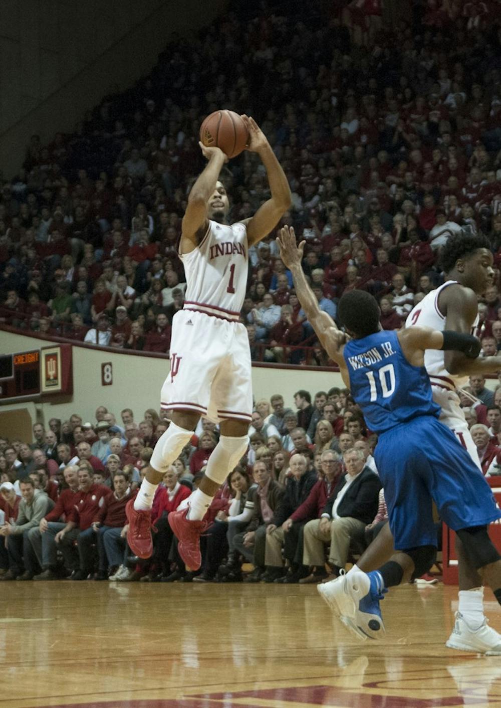 Sophomore guard James Blackmon Jr. shoots a three during the game against Creighton on Thursday at Assembly Hall.