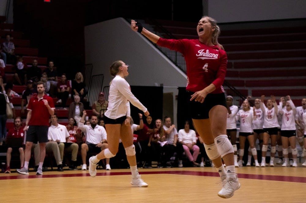 <p>Junior Bayli Lebo celebrates a point against Yale University on Sept. 8 at Wilkinson Hall. IU volleyball lost to No. 13 Wisconsin on Sunday in four sets.</p>
