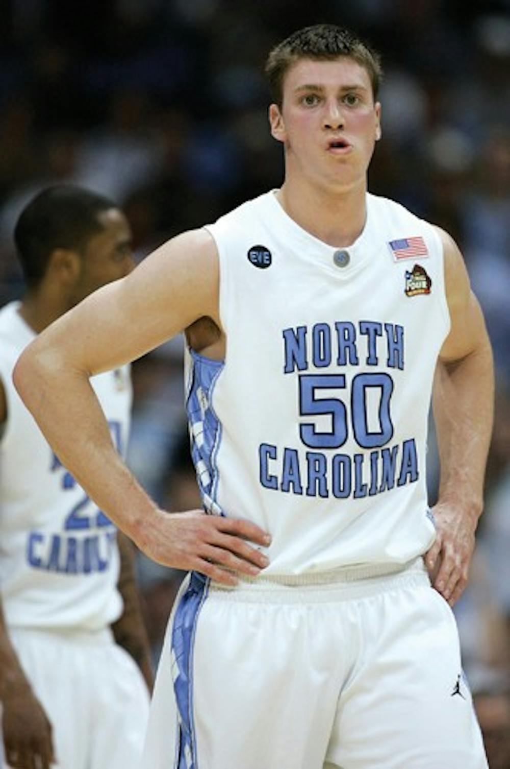 North Carolina's Tyler Hansbrough reacts during the second half against Kansas during the Final Four semifinals Saturday in San Antonio. (AP Photo/Mark Humphrey)