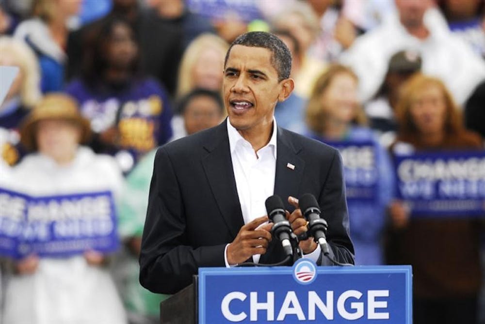 Barack Obama speaks to a crowd at the Indiana State Fairgrounds on Wednesday in Indianapolis.