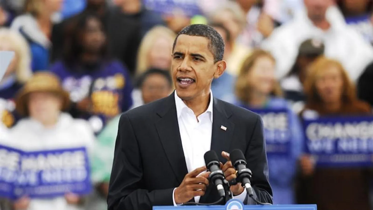Barack Obama speaks to a crowd at the Indiana State Fairgrounds on Wednesday in Indianapolis.