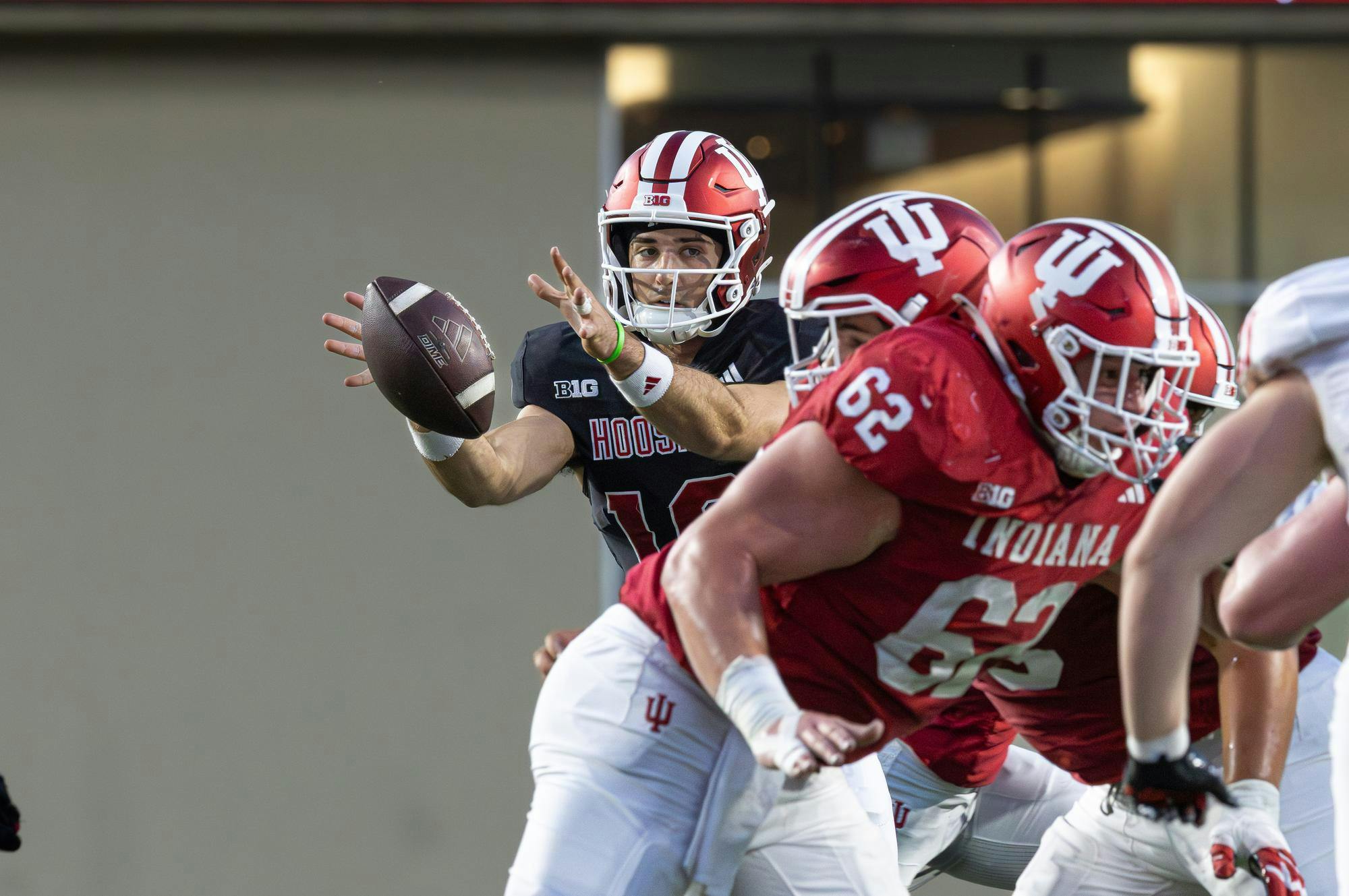 Redshirt senior Josh Hoover catches the hike during Indiana's spring game on April 23, 2026, at Memorial Stadium in Bloomington. This will be Hoover’s first season with the Hoosiers since transferring from TCU. 