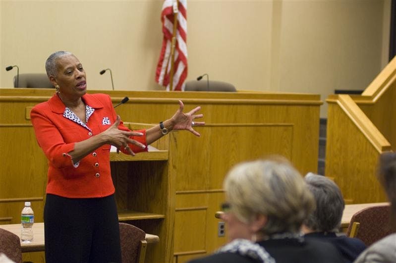 Current Dean of Students and Chief Student Affairs Officer at Old Dominion University Geneva M. Walker-Johnson speaks Wednesday evening at the IU Maurer School of Law. Walker-Johnson is the forth and final Dean of Students candidate to visit the campus.