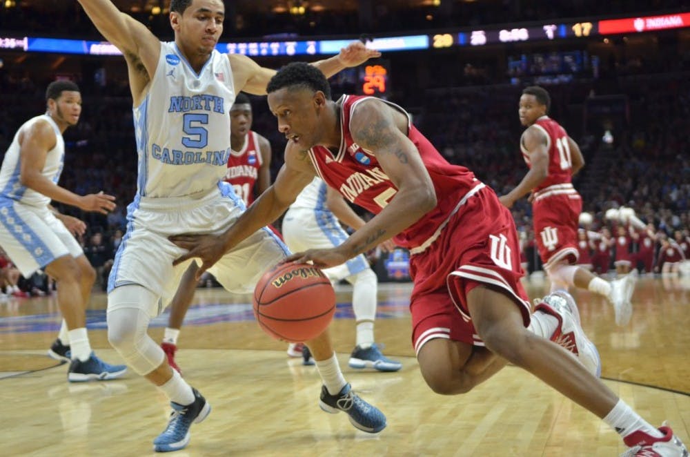 Junior guard Troy Williams drives to the net against North Carolina on Friday evening at Wells Fargo Center in Philadelphia.&nbsp;