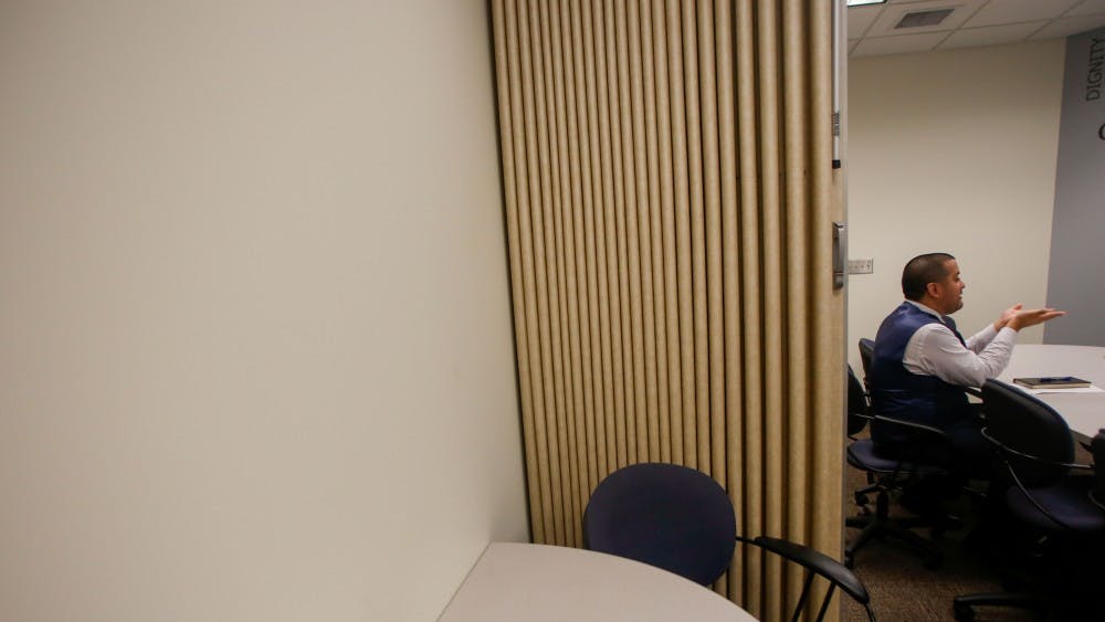 Lyndsay sat in this chair during her hearing. The Office of Student Ethics is located in Alice McDonald Nelson Building on the north side of the IU campus. The office conducts about twenty hearings each academic year.