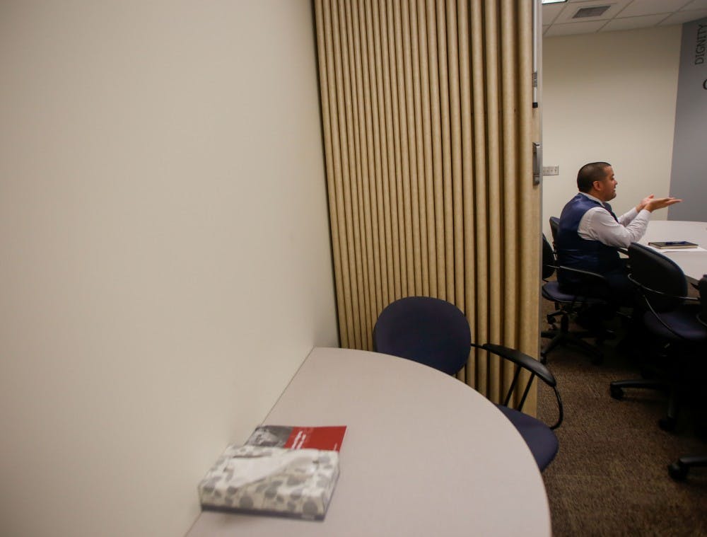 Lyndsay sat in this chair during her hearing. The Office of Student Ethics is located in Alice McDonald Nelson Building on the north side of the IU campus. The office conducts about twenty hearings each academic year.