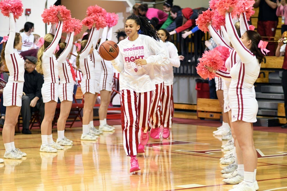 <p>Then-sophomore forward Bre Wickware leads Indiana onto the court against Illinois on February 8 at Simon Skjodt Assembly Hall. Wickware announced she will be transferring from the program Monday.</p>
