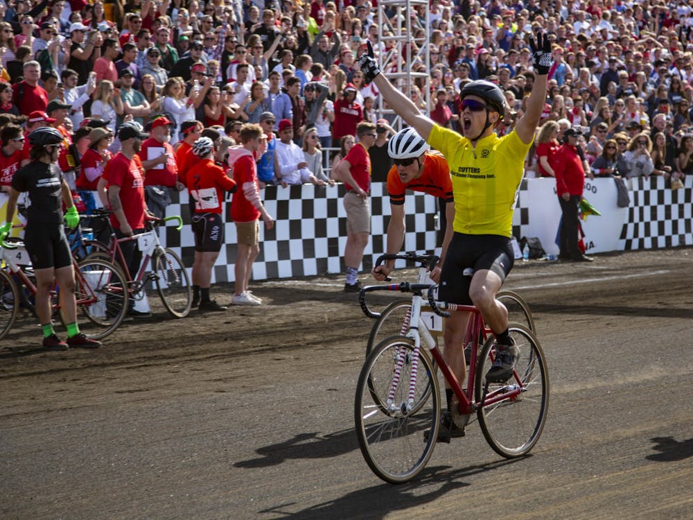 Then-senior Noble Guyon crosses the finish line for the Cutters, winning the 2019 men&#x27;s Little 500 on April 13, 2019, at Bill Armstrong Stadium. Little 500 races are typically in April, but were rescheduled to May 26 in order to avoid potential COVID-19 outbreaks while students are still on campus.