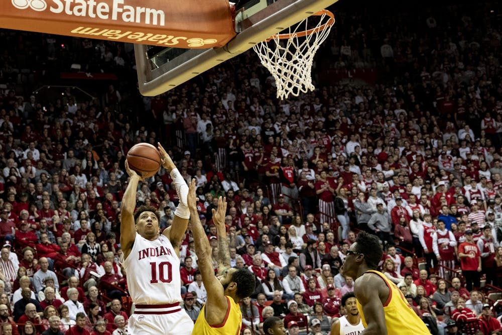 <p>Sophomore guard Rob Phinisee shoots the ball in the second half against Maryland on Jan. 26 in Simon Skjodt Assembly Hall. IU will play Wednesday on the road against Penn State.</p>