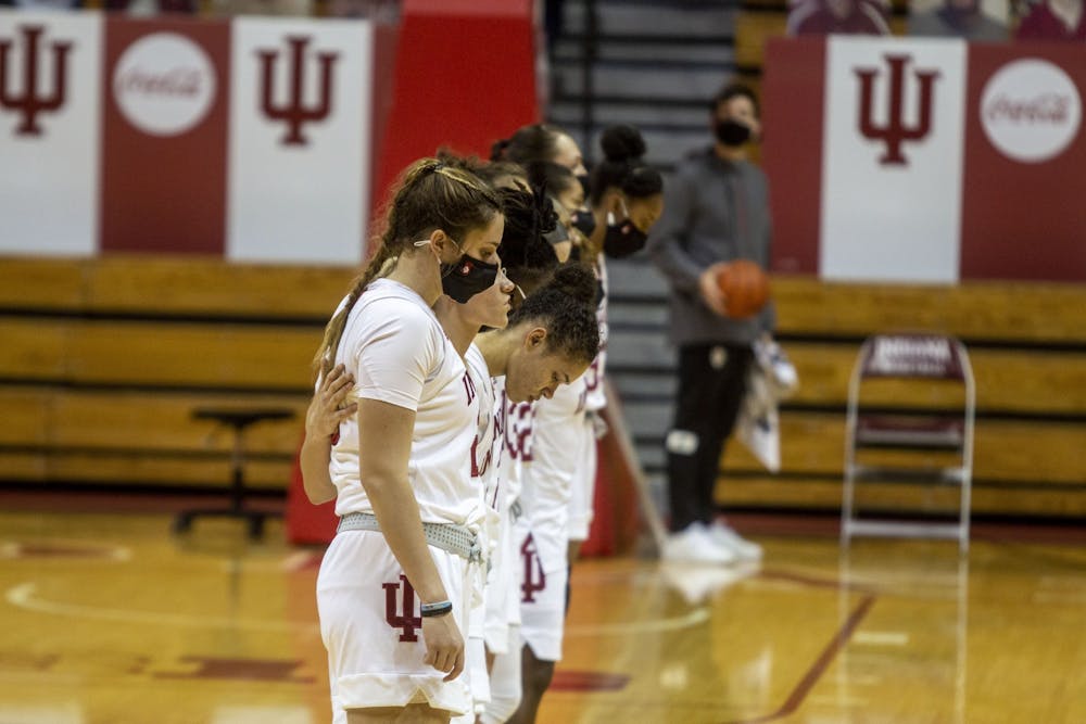 <p>The IU women&#x27;s basketball team lines up after the game against the University of Tennessee on Dec. 17, 2020, in Simon Skjodt Assembly Hall. The No. 11 Hoosiers will play the Iowa Hawkeyes at 4:30 p.m. Wednesday in Bloomington.  </p>