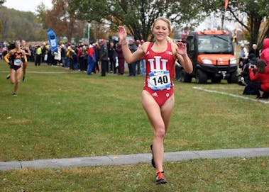 Junior Katherine Receveur celebrates as she crosses the finish line at the Big Ten Cross-Country Championship on Oct. 29 at the IU Championship Cross Country Course. IU will compete in the Big Ten Cross-Country Championship this weekend in Nebraska.&nbsp;