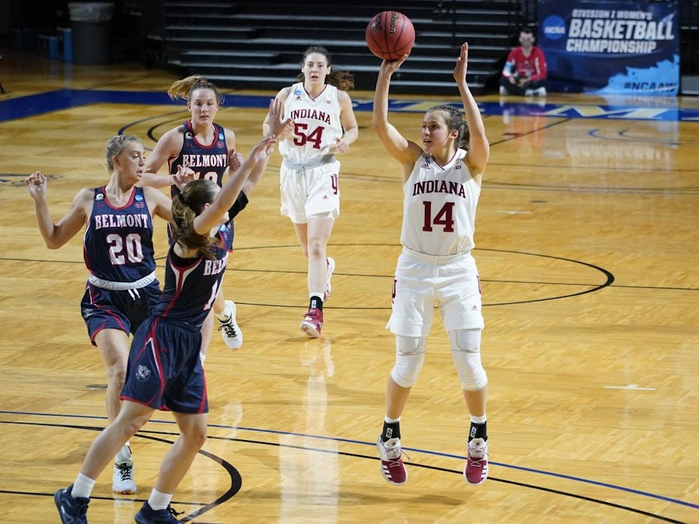 Senior Ali Patberg prepares to shoot the ball in a game against the Belmont Bruins on March 24 during the NCAA Tournament in San Antonio, Texas. The Hoosiers finished their season with a 53-66 loss to the Arizona Wildcats on March 29.