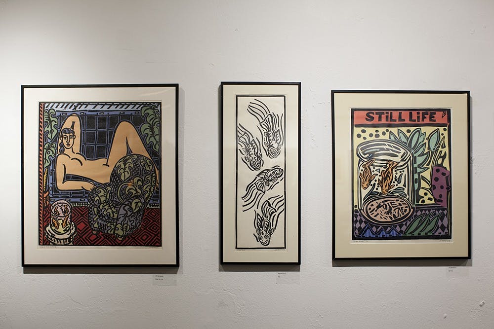 Jim Simpson's linocut prints inspired by Henri Matisse on display at Blueline Media Productions.  The work will be available to view until Jan. 30th.