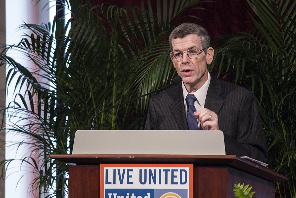 Barry Lessow, Executive Director of United Way of Bloomington, speaks during the United Way Campaign Kick-Off Luncheon on Wednesday at Henke Hall in Memorial Stadium. 