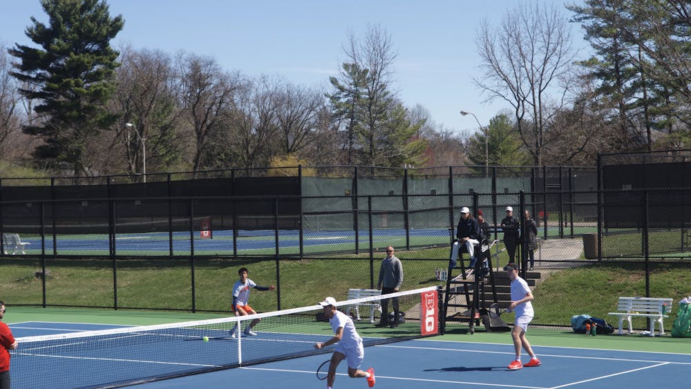 Freshman Luc Boulier and Junior Ilya Tiraspolsky play doubles April 2, 2023, at the IU Tennis Courts. This weekend, the Hoosiers are on the road against Ohio State and Penn State.