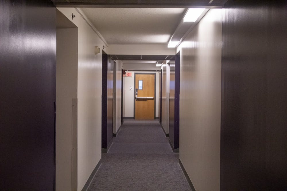 <p>A hallway on the 6th floor of Willkie is pictured March 11. IU announced Tuesday it would cancel all in-person classes from March 23 to April 5 due to the coronavirus pandemic.﻿</p>