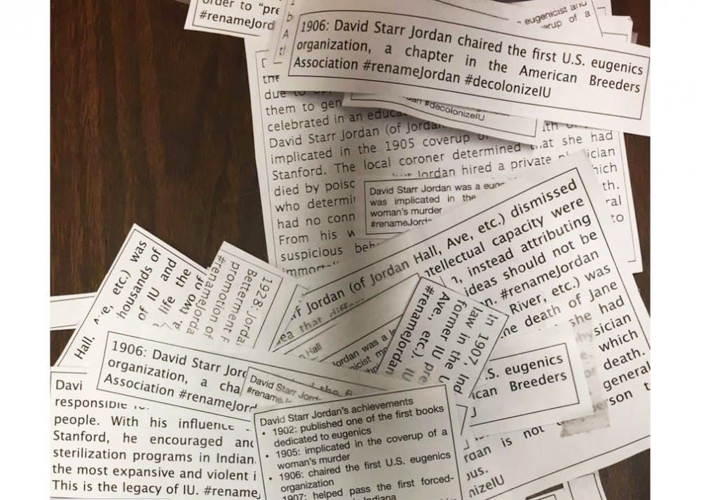 Slips of papers marked with the words #renameJordan and #decolonizeIU were scattered in classrooms and doors in Jordan Hall on Monday night. The anonymous flyers represent a movement to remove the name of David Starr Jordan from Jordan Hall.