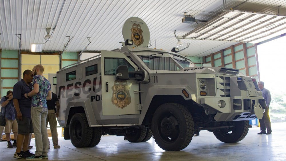 The Lenco BearCat armored vehicle sits parked on display July 10 in the Switchyard Operations building. The viewing was the first official unveiling of BPD’s new armored vehicle to the public.&nbsp;