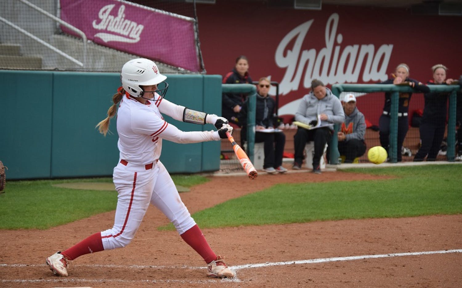 Senior Erin Lehman hits the ball in Friday's&nbsp;second game against Maryland.  The Hoosiers swept the Terrapins&nbsp;in the weekend series.