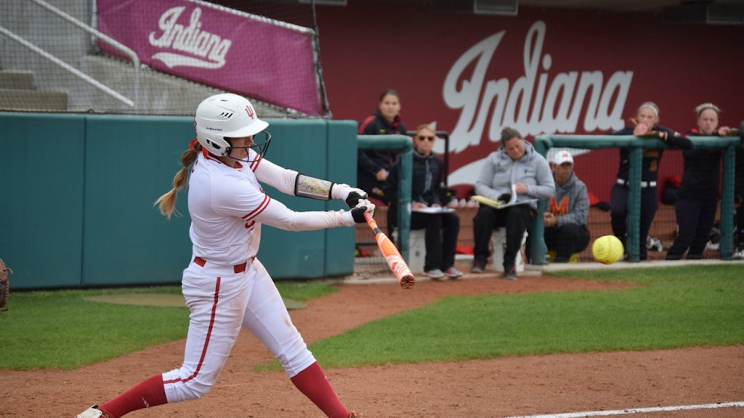 Senior Erin Lehman hits the ball in Friday's&nbsp;second game against Maryland.  The Hoosiers swept the Terrapins&nbsp;in the weekend series.