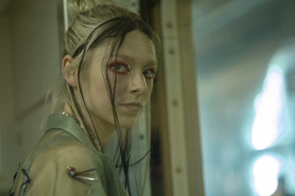 <p>Hunter Schafer is seen on the set of &quot;Euphoria&quot; with bleached brows. </p>