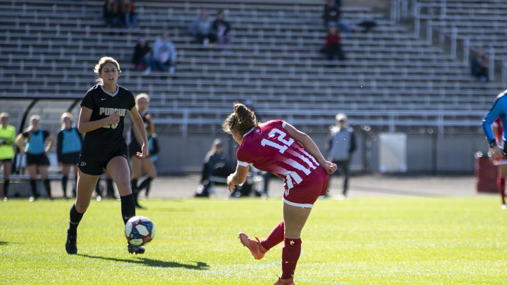 Then-junior Melanie Forbes scores her fourth goal of the season Oct. 27, 2019, at Bill Armstrong Stadium. The IU women&#x27;s soccer season was postponed due to the coronavirus pandemic.