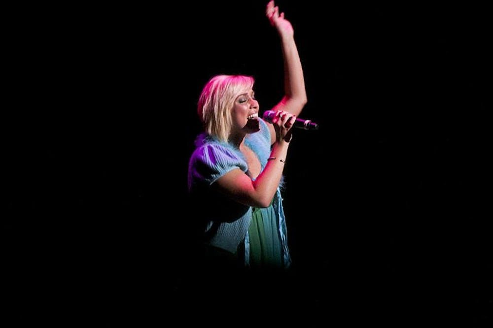 Colleen Cory from Chi Omega sings “Love Story” by Taylor Swift during Hoosier Sweetheart Friday evening in the IU Auditorium. Hoosier Sweetheart is Sigma Phi Epsilon's largest philanthropy, raising money for YouthAIDS, a group that promotes AIDS education through pop culture.
