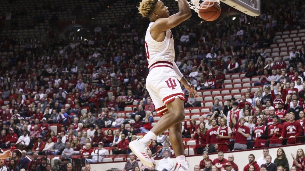Freshman guard Romeo Langford dunks the ball in the first half against University of Southern Indiana on Nov. 1 in Simon Skjodt Assembly Hall. IU defeated USI, 96-62.&nbsp;