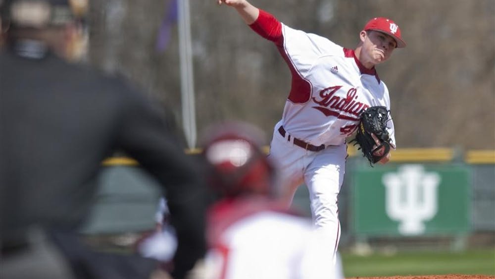 IU pitcher Mike McKinley throws during the Hoosiers' 7-3 win over Taylor University March 27 at Sembower Field.