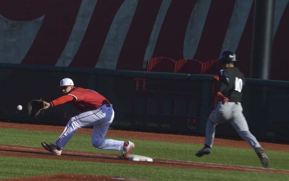 Freshman infielder Matt Gorski tags first base to get Cincinnati's&nbsp;Eric Santiago&nbsp;out during the Hoosiers' game Wednesday evening. The Hoosiers won 3-2.&nbsp;