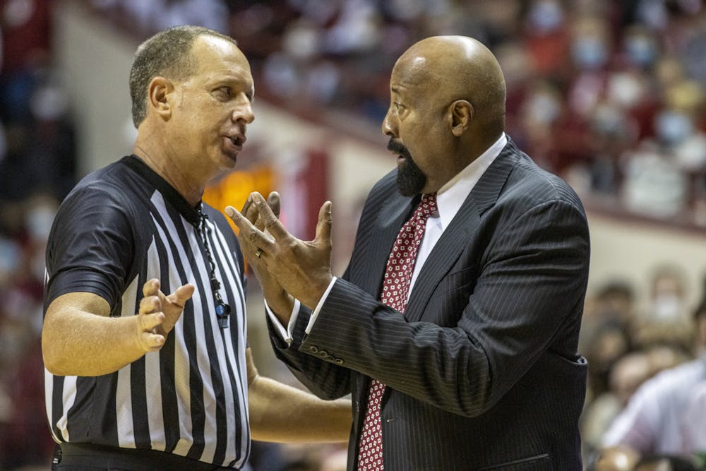Indiana head coach Mike Woodson talks to a referee during the game against Minnesota on Jan. 9, 2022, at Simon Skjodt Assembly Hall. Indiana will play University of Illinois at noon at Assembly Hall. 