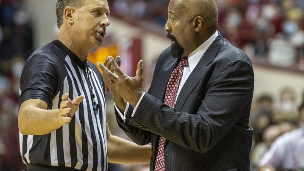 Indiana head coach Mike Woodson talks to a referee during the game against Minnesota on Jan. 9, 2022, at Simon Skjodt Assembly Hall. Indiana will play University of Illinois at noon at Assembly Hall. 