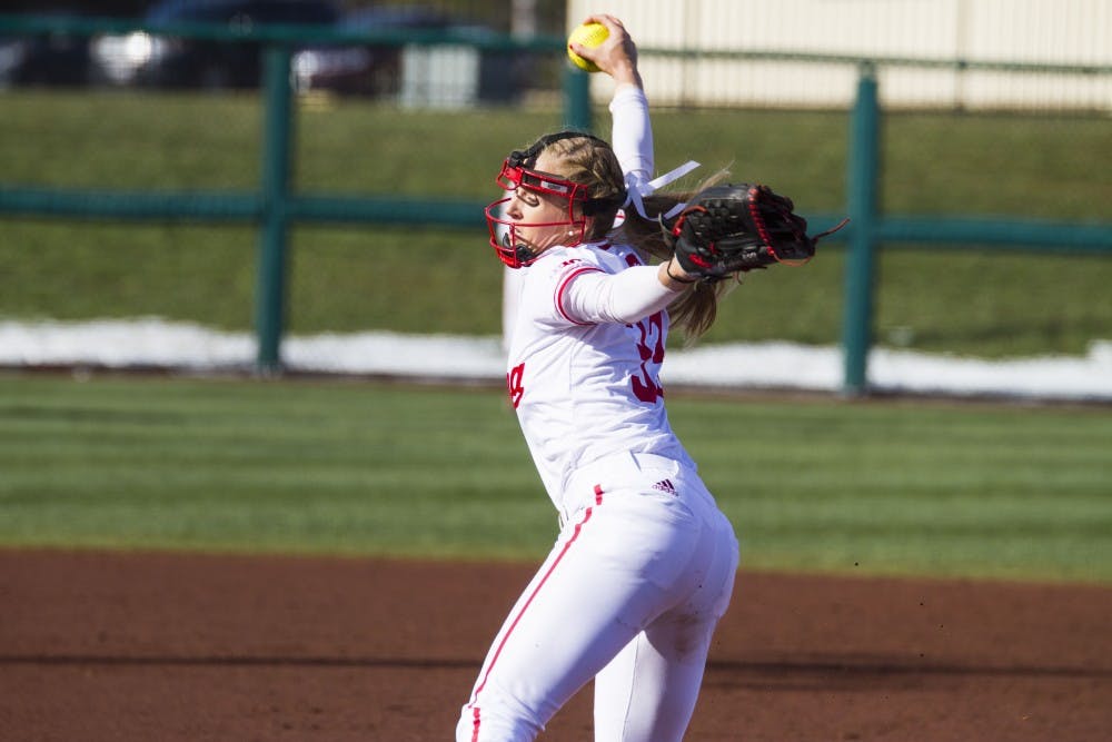 <p>&nbsp;&nbsp;Pitcher Tara Trainer strikes out all three Ohio State batters March 23, 2018.</p>
