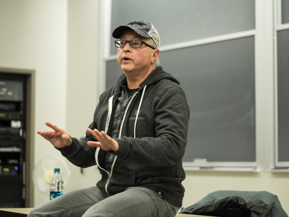 Batman producer and IU alumnus Michael Uslan speaks Feb. 4, 2015, in the Ernie Pyle Hall auditorium on the future of the film and television industry. Uslan invited student to join him Feb. 9 in the Franklin Hall Commons for an Oscars watch party.
