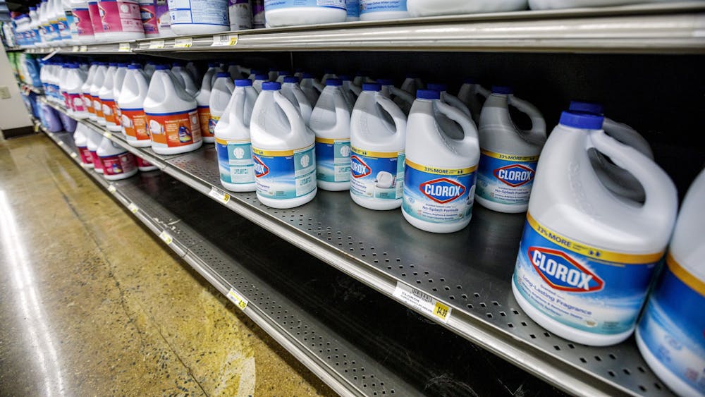 Shelves are stocked with bleach at Karns Food grocery store in Lemoyne, Pennysylvania. The Indiana Poison Center has seen an increase in calls related to cleaning products and disinfectants in the last year, according to an email from IU Health spokesperson Beth Resner. 