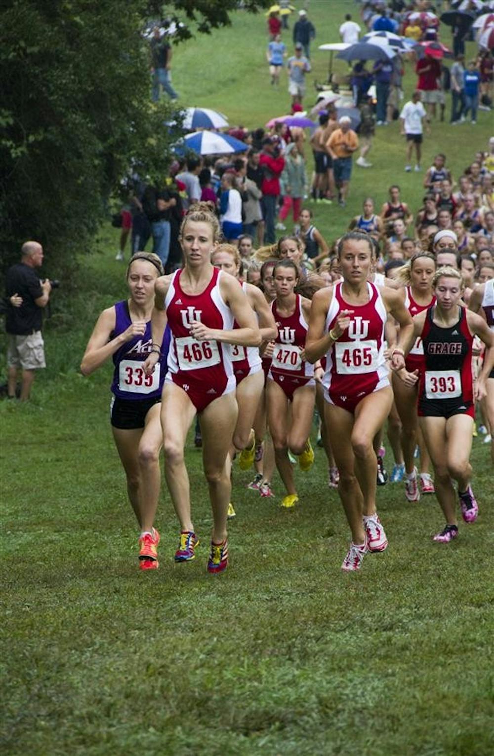 Samantha Ginther and Kelsey Duerksen lead the women's race Friday afternoon at the IU Cross Country Course. Indiana University hosted the Indiana Intercollegiate meet, where teams from other Indiana colleges could compete. 