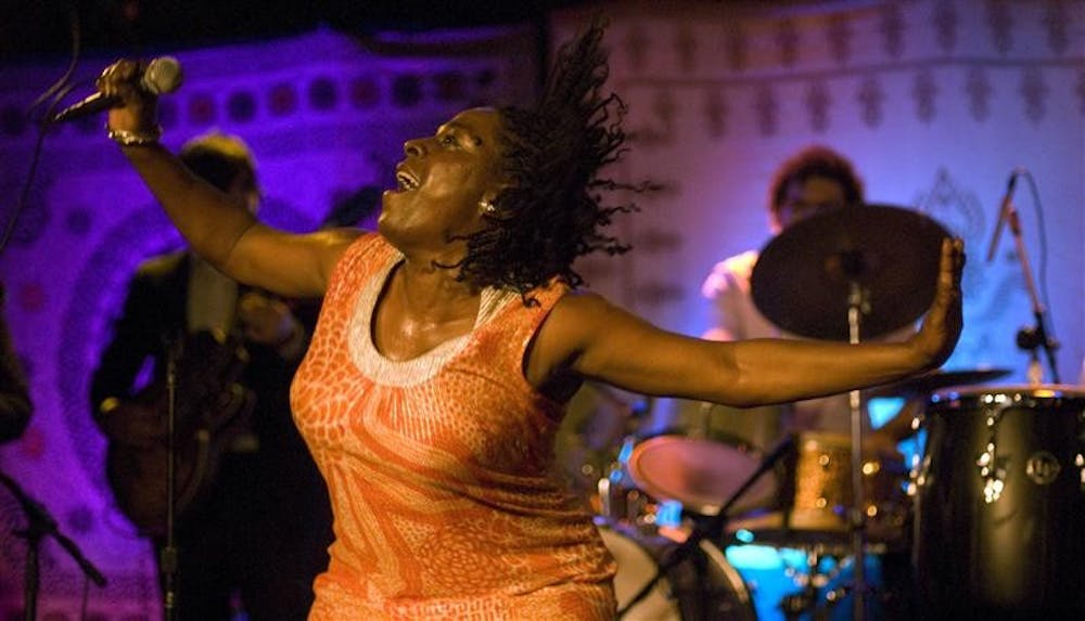 Funk revival singer Sharon Jones performs Saturday night with her band the Dap-Kings at Jake's Nightclub. Jones, who grew up in Augusta, Georgia, the same town where founding father of funk, James Brown, grew up, learned to imitate Brown's dance moves and hard-work ethic at a young age, and is now receiving acclaim for her energetic live shows.