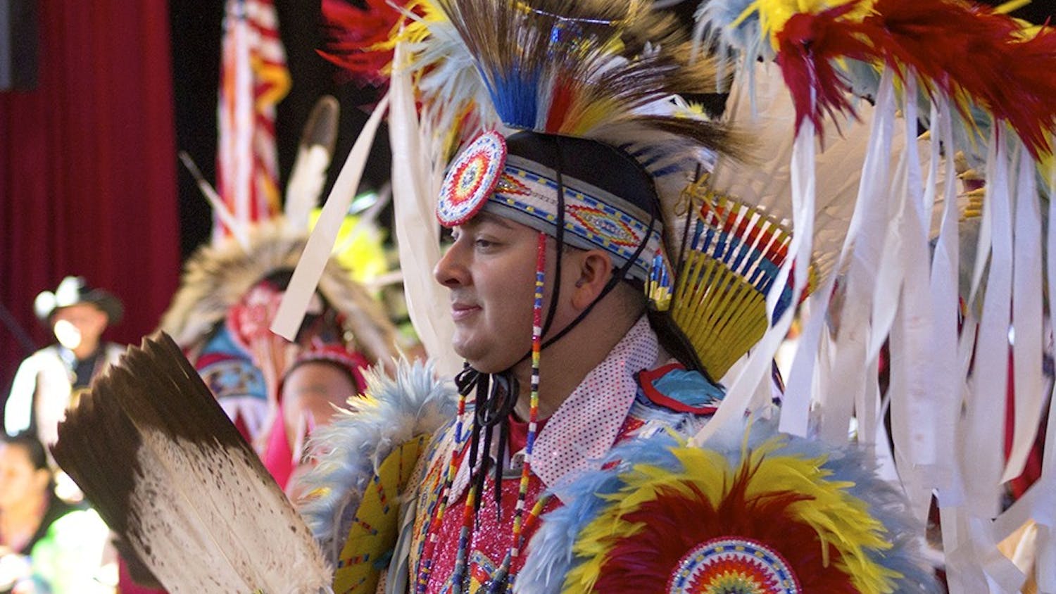 Darrell Hill, an invited dancer from Milwaukee, dances during Grand Entry at the Indiana University 4th Annual Traditional Powwow on Saturday in Alumni Hall.