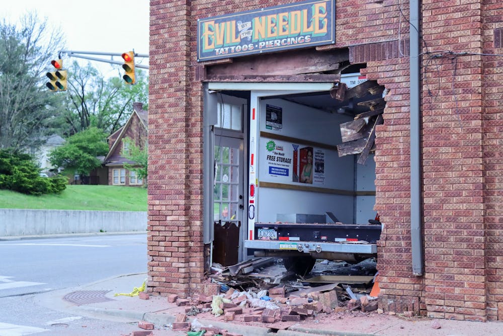 A U-Haul van appears crashed into Evil by the Needle on Sunday night. The van crash occurred around 4:45 p.m., according to MONON Rentals LLc / ALF LLc employee Brittany Davis. 