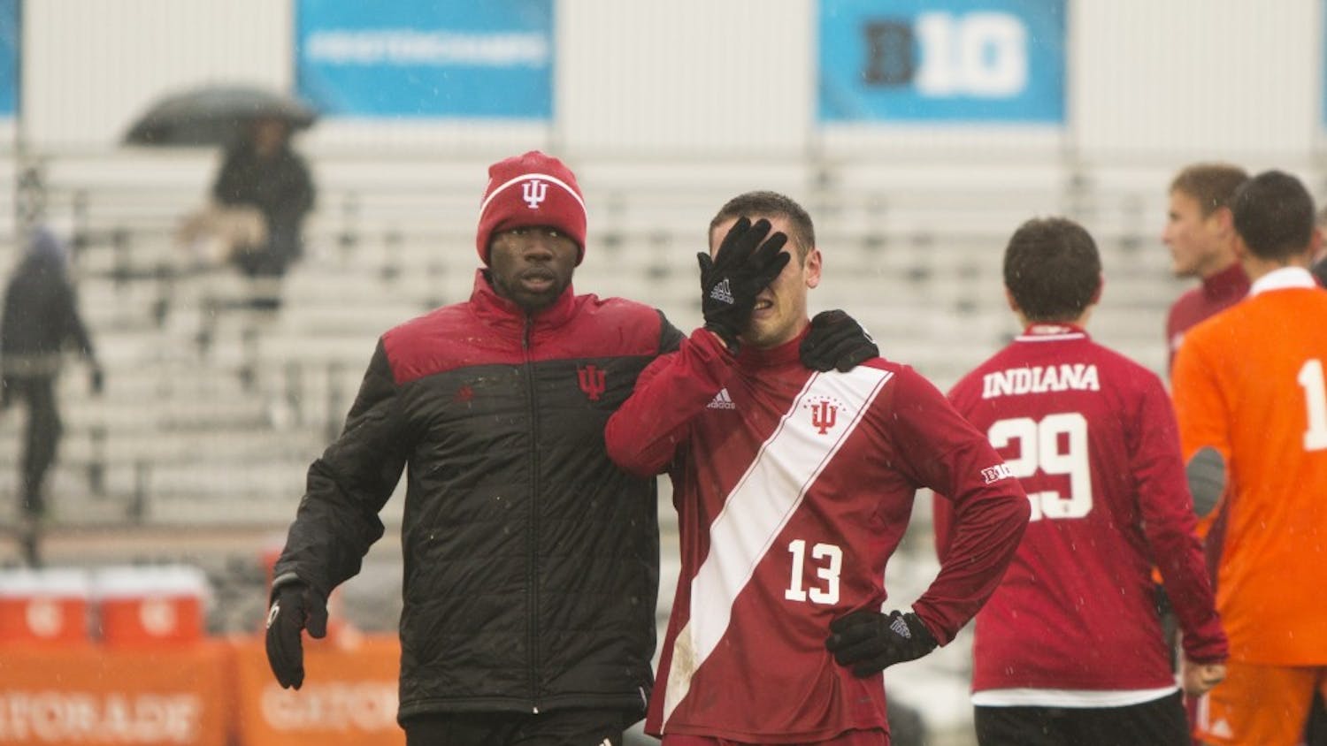 Junior midfielder Francesco Moore cries after the team's loss to Wisconsin at the Big Ten Championship on Sunday. The game took place in Westfield, Indiana.